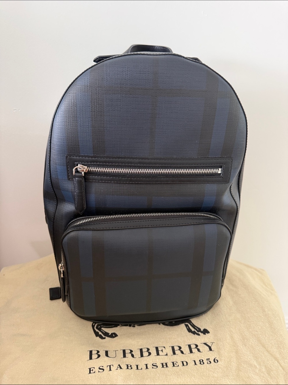 New Burberry Marden Black and Navy Check Leather-Trim Backpack